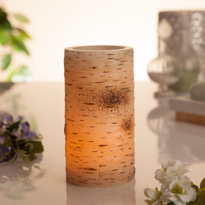 EVERLASTING GLOW<sup>&reg;</sup> Glow Wick™ Birch Candle - Enjoy the ambiance of candlelight safely with this flameless, smokeless LED wax candle.  Features a birch wood design and 5-hour timer. Powered by 3 AAA batteries, included.